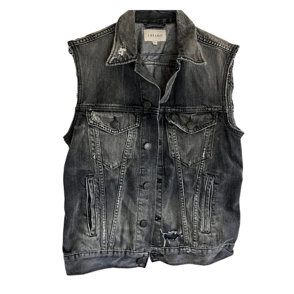 J Brand Charcoal Grey Distressed Denim Button Up Collared Vest